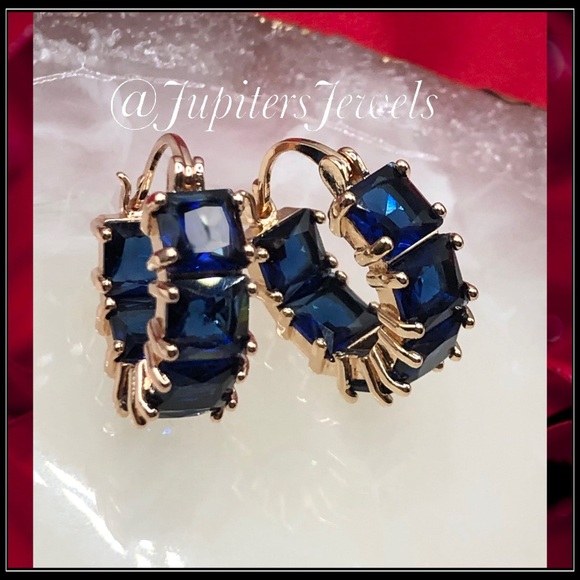 New gold 8g blue sapphire square princess sim diamond chunky huggie earrings - Picture 3 of 6